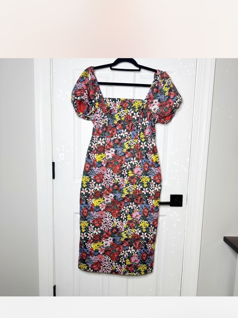 Boden Multicolor Floral Square-Neck puff sleeve Midi Dress - Picture 3 of 5